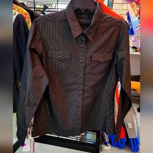 Wrangler Ladies Black and Metallic Gold Pinstrip Western Snap Shirt Medium